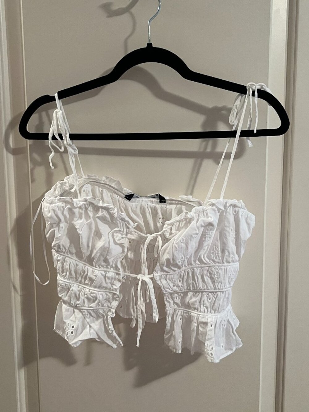 Zara White Eyelet Ruched Tie Corset Crop Top Size S Cottagecore